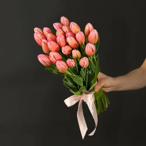 Букет из 25 розово-малиновых тюльпанов